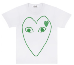T-shirt blanc CDG PLAY avec cœur et emblème à contour vert
