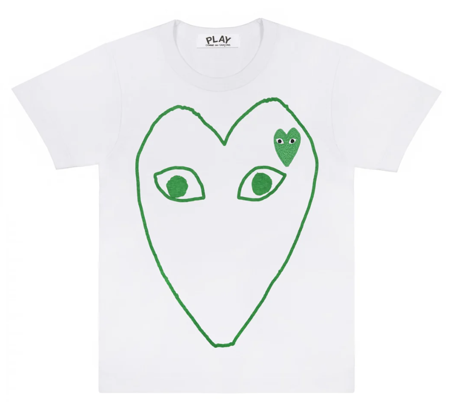 332 T-shirt blanc CDG PLAY avec cœur et emblème à contour vert - Image 1