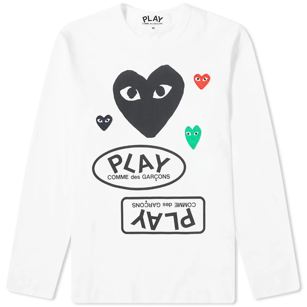 CDG Play T-shirt à manches longues multi-logo blanc et noir CDG Play T-shirt à manches longues multi-logo blanc et noir